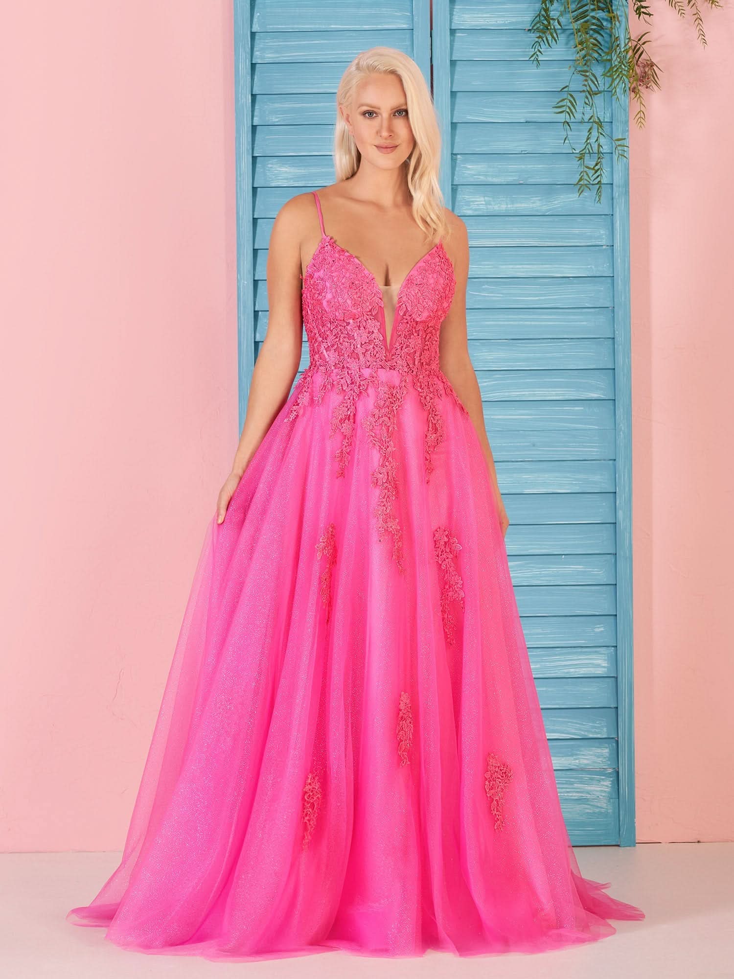 Beautiful A-Line V Neck Pink Lace Long Prom Dress – BMBRIDE