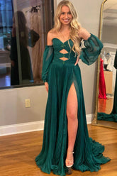 Elegant Hunter Green Rhinestones Strapless A-Line Prom Dress with Sleeves BM bride