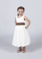 Elegant Satin Bateau Neck Tea-Length A-line Flower Girl Dress with Waistband BM bride