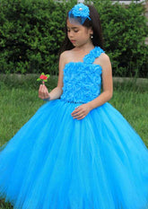 Sweet Tulle One-Shoulder Floor-Length A-line Flower Girl Dress with Bowknot BM bride