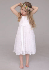 Sweet Lace Square Neckline Tea-Length A-line Flower Girl Dress with Waistband BM bride