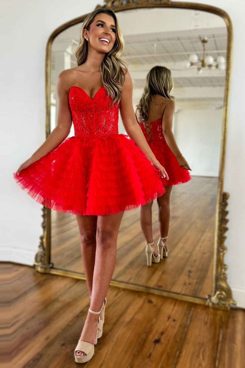 Sparkly Red Strapless Corset A Line Short Homecoming Dress With