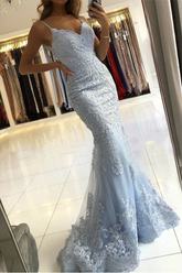 Sky Blue Spaghetti-Straps Mermaid Evening Dress BM bride