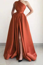 Burnt Orange One Shoulder Elegant Prom Dress A-Line Split with Pockets BM bride