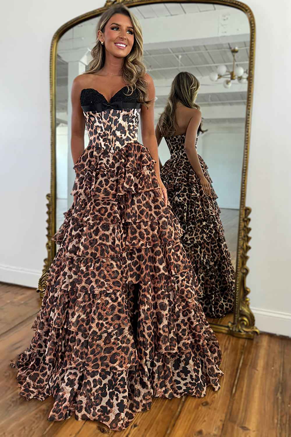 Brown Leopard Sweetheart A-Line Ruffled Long Corset Prom Dress with