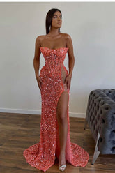 Gorgeous Orange Sequins Mermaid Sweetheart Prom Dress with Split, Sleeveless BM bride