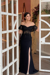 Off-the-Shoulder Strapless Appliqued Beaded Mermaid Prom Dress with Split BM bride