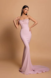 BMbride Amazing Column Strapless Sleeveless Rhinestone Satin Openback With Train Pink Prom Dresses BMbride