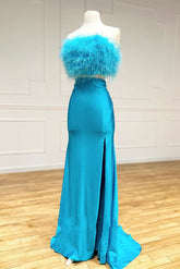 Beautiful Jade Two-Piece Feathers Strapless Satin Long Prom Dress with Slit BM bride