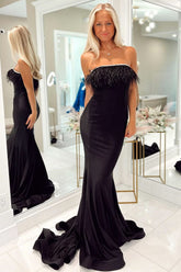Lovely Strapless Black Feathers Mermaid Long Party Dress BM bride