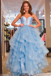 Charming Princess Strapless Satin Glitter Tulle Prom Dress BM bride