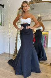 Stunning Strapless White and Black Ruched Mermaid Prom Dress BM bride