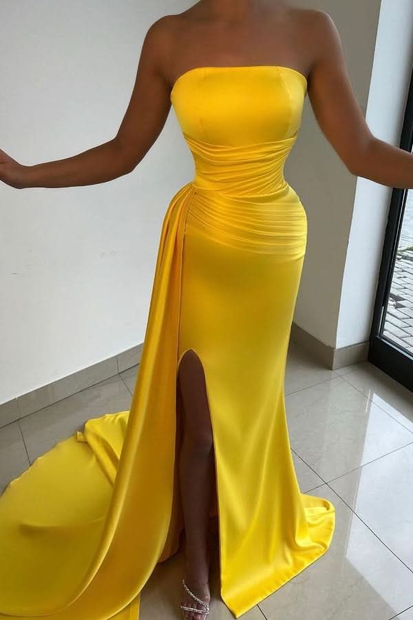 strapless yellow prom dresses Light Yellow Strapless Sleeveless Prom Dress with Pleated Split – BMBRIDE