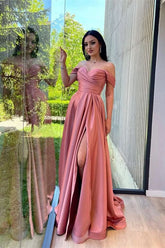 Glorious Dusty Pink Off-The-Shoulder Evening Front Split Prom Dress with Sweetheart Neckline BM bride