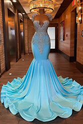 Blue Sleeveless Mermaid Evening Dress with Appliques and Rhinestones BM bride
