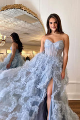 Charming Blue Strapless Ruffle Tulle A-Line Long Prom Dress with Slit BM bride