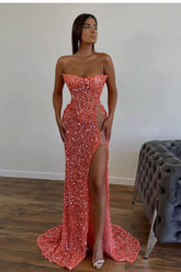 BMbride Elegant Long Pink Sexy Strapless Sleeveless Mermaid Prom dresses With Rhinestone BMbride