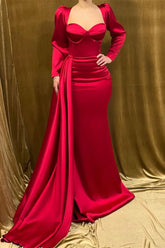 BMbride Elegant Long Strapless Red Satin Mermaid Prom Dress With Long Sleeves BMbride