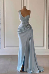 Sky Blue One-Shoulder Luxury Prom Dress Mermaid Split with Ruffles BM bride