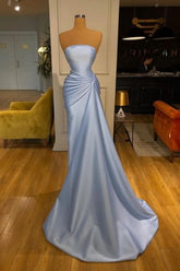 BMbride Simple Strapless Mermaid Evening Dresses Long Blue Prom Dresses BMbride