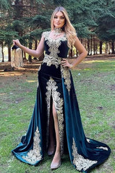 BMbride Stunning Velvet Evening Gown Sleeveless Gold Appliques Formal Dress with Detachable Train Side Slit BMbride
