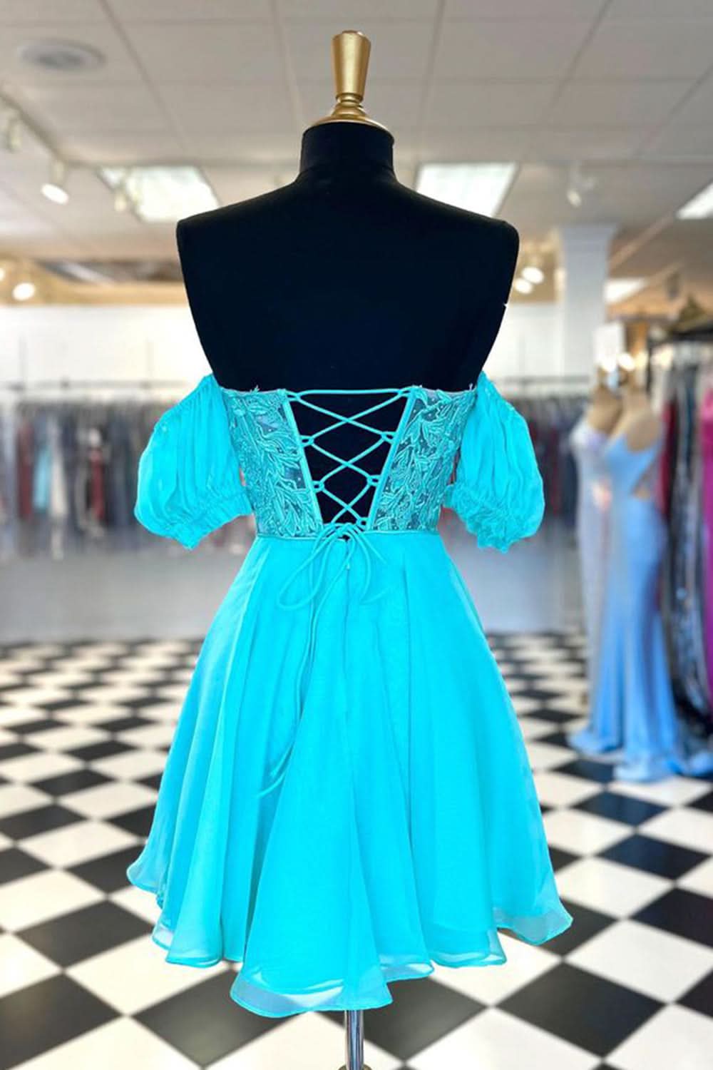 Romantic Lavender Off the Shoulder Corset Homecoming Dress with Lovely Ruffles BM bride