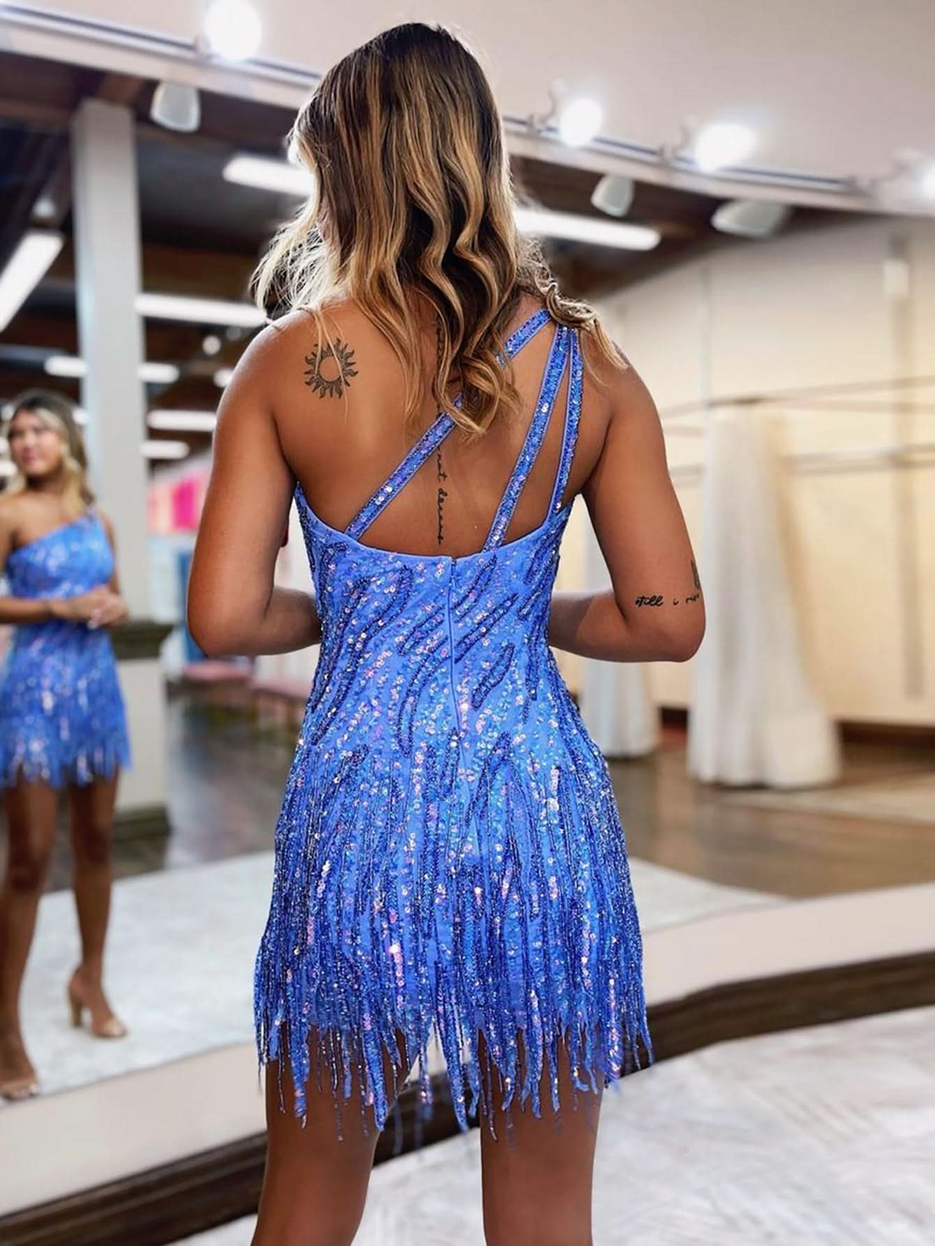 Sparkly Blue One-Shoulder Sequins Tight Short Homecoming Dress with Eye-catching Fringes BM bride