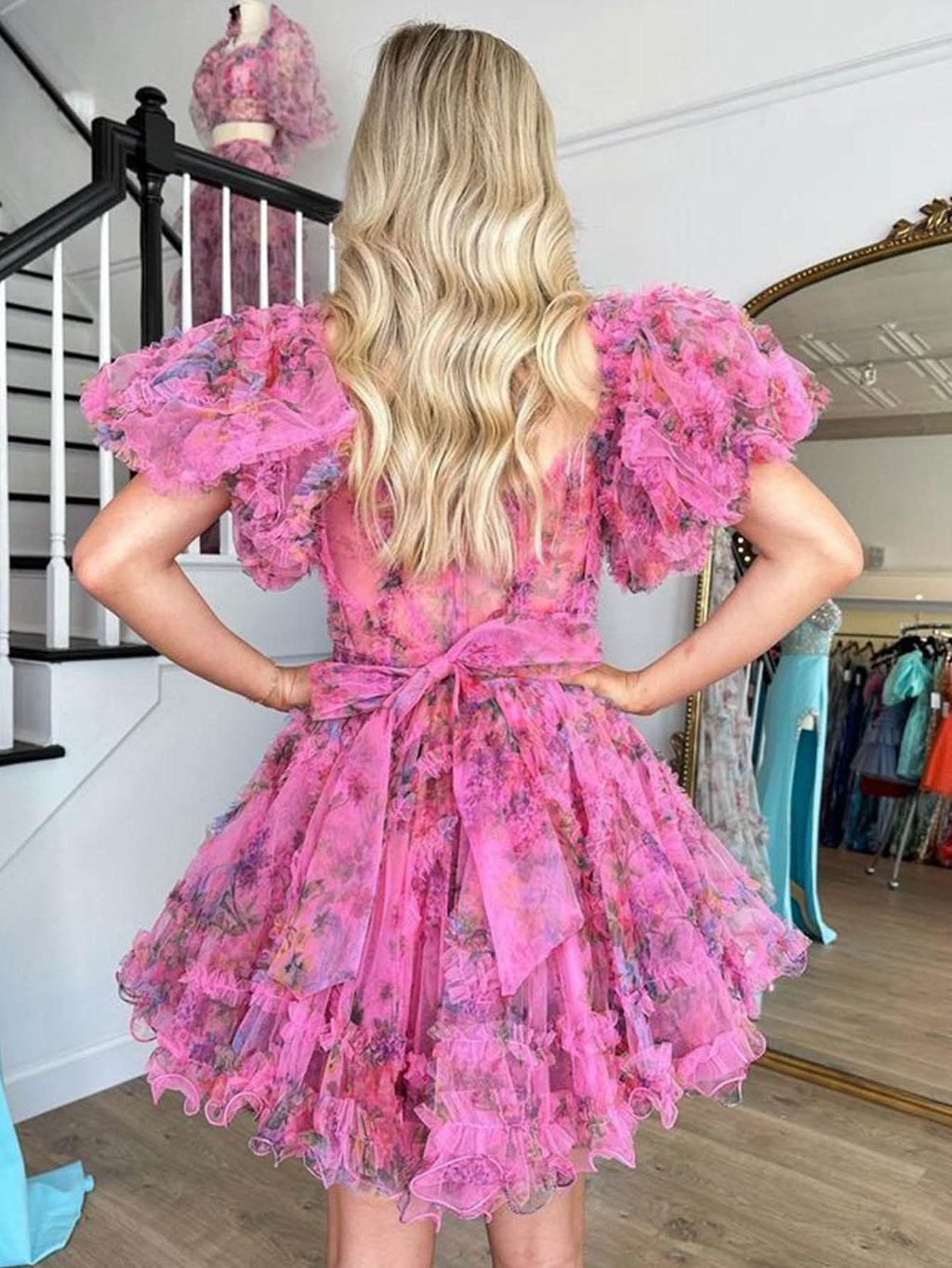 Flirty A-Line Floral Printed Off-the-Shoulder Dress for a Fun Homecoming BM bride