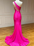 Elegant Pink Mermaid One Shoulder Long Prom Dress BM bride