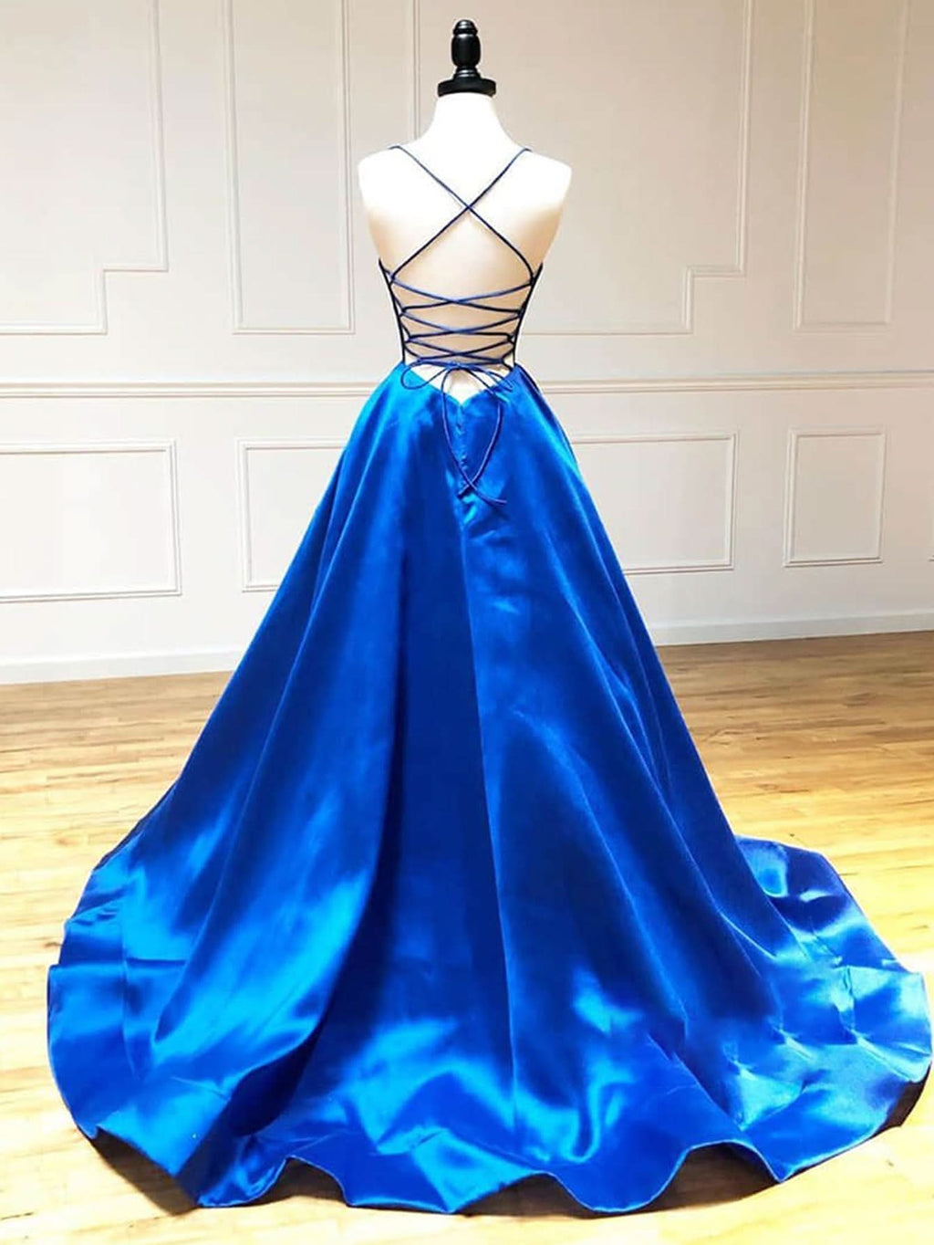 Royal Blue Satin A-Line V Neck Long Prom Dress BM bride