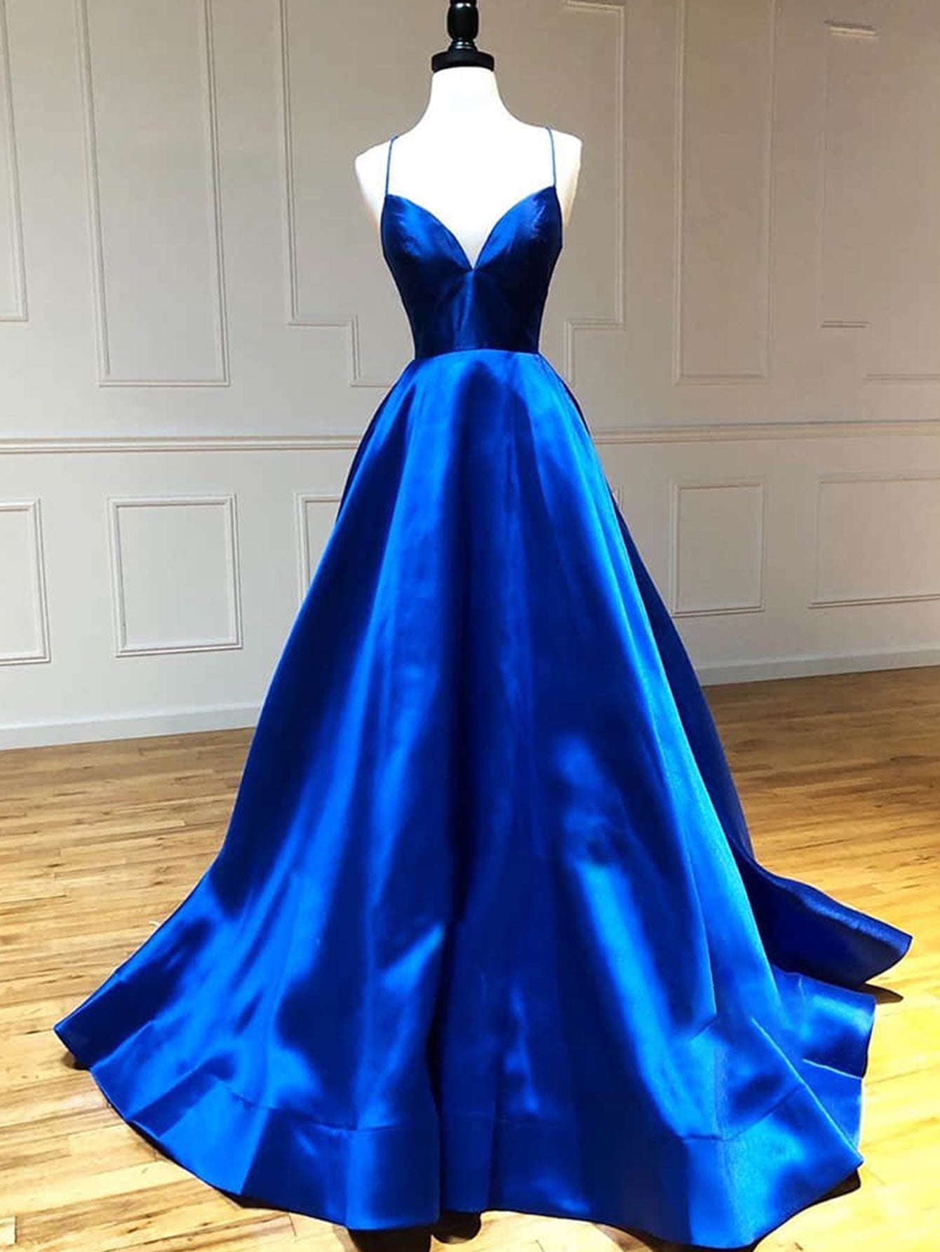 Royal Blue Satin A-Line V Neck Long Prom Dress BM bride