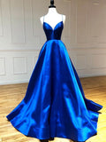 Royal Blue Satin A-Line V Neck Long Prom Dress BM bride