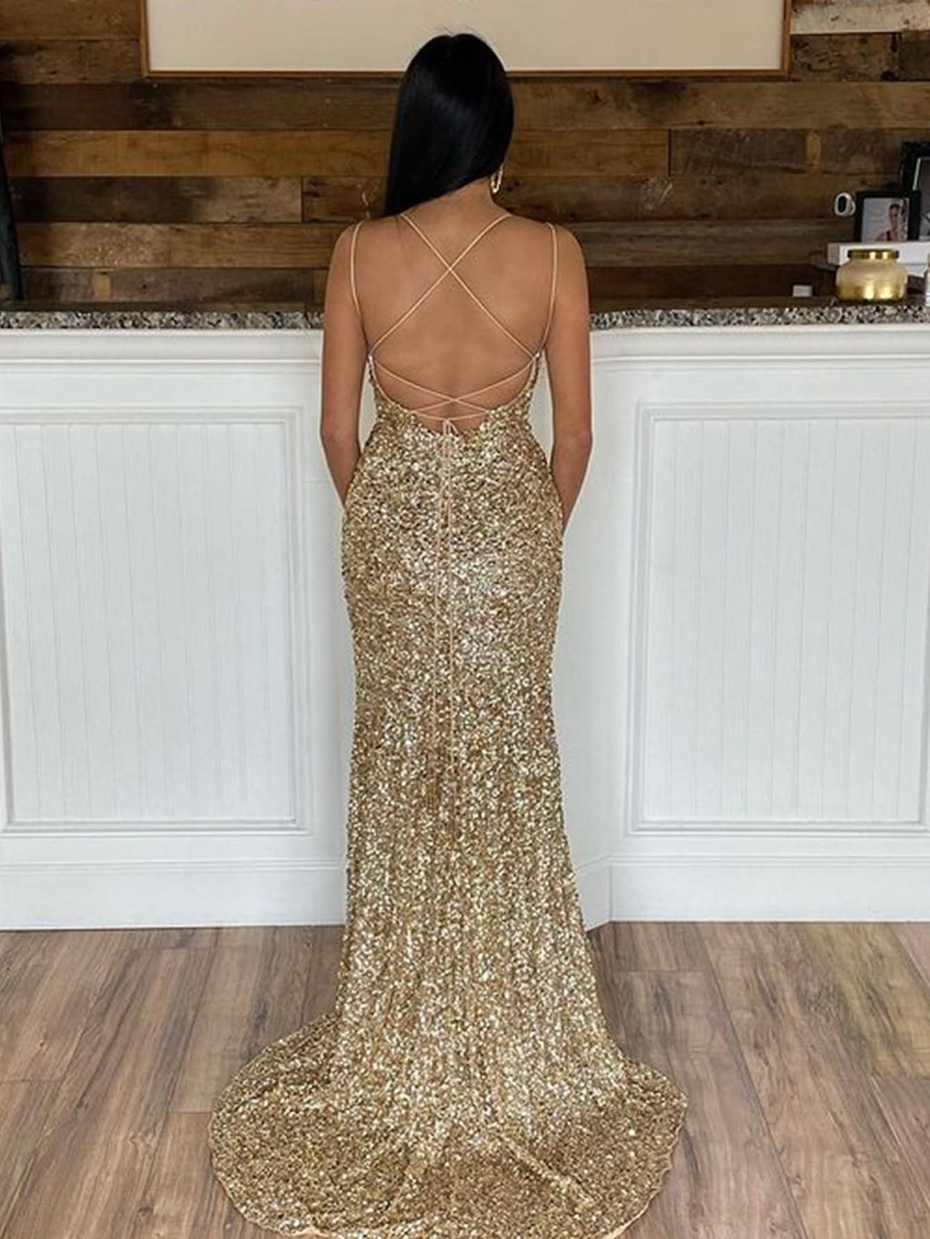 Gorgeous Mermaid V Neck Glitter Jersey Long Prom Dress with a Stylish Slit BM bride