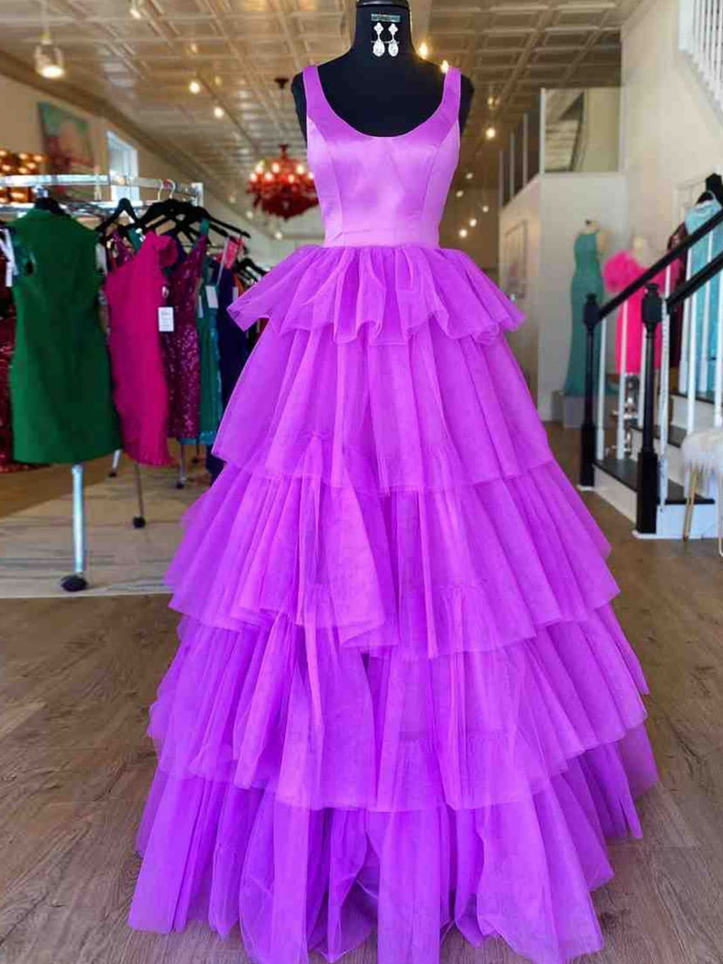 Enchanting A-Line Ruffles Purple Tulle Long Prom Dress BM bride