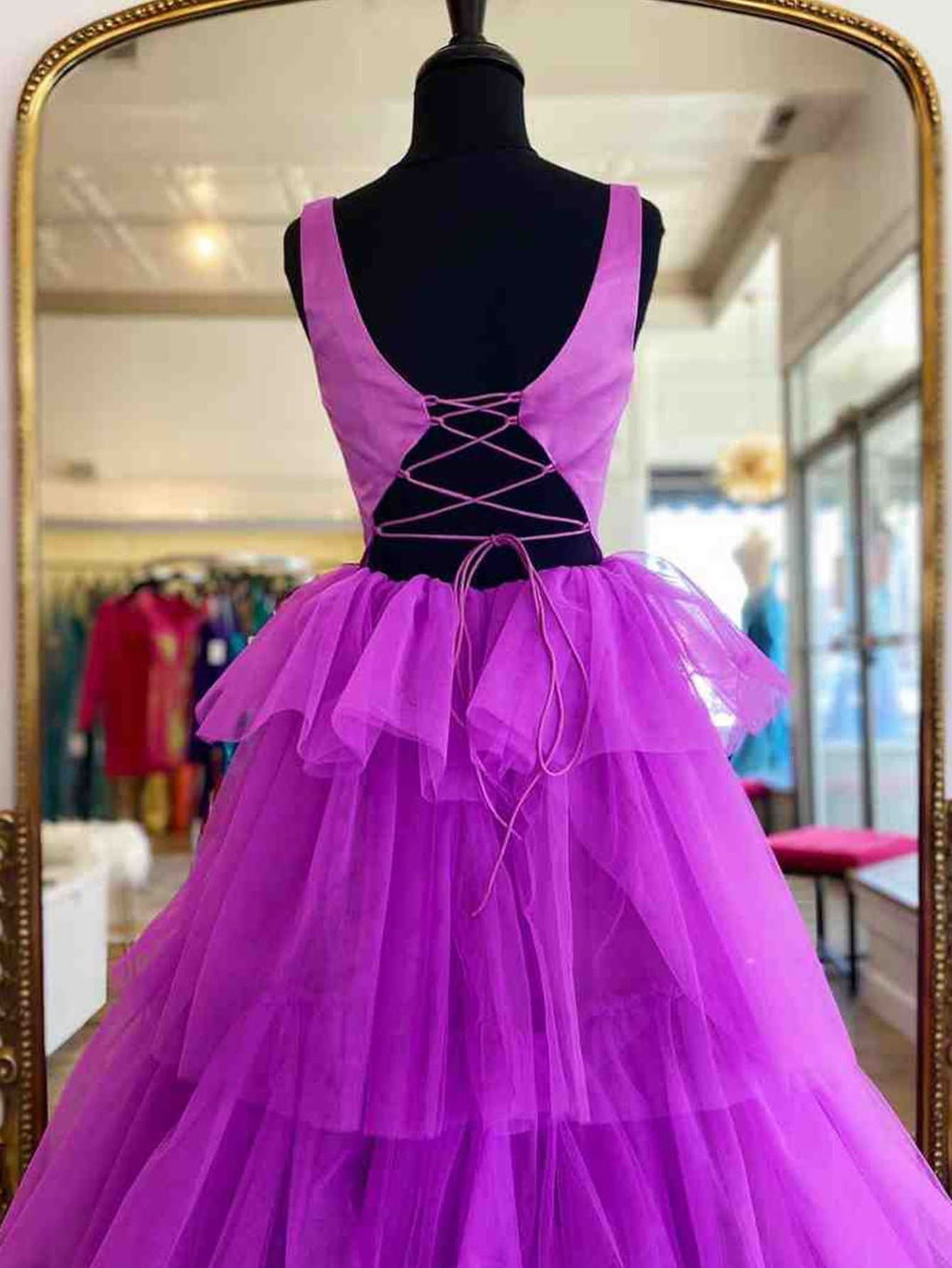 Enchanting A-Line Ruffles Purple Tulle Long Prom Dress BM bride