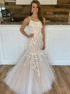 Charming Mermaid Apricot Straps Lace Long Prom Dress BM bride