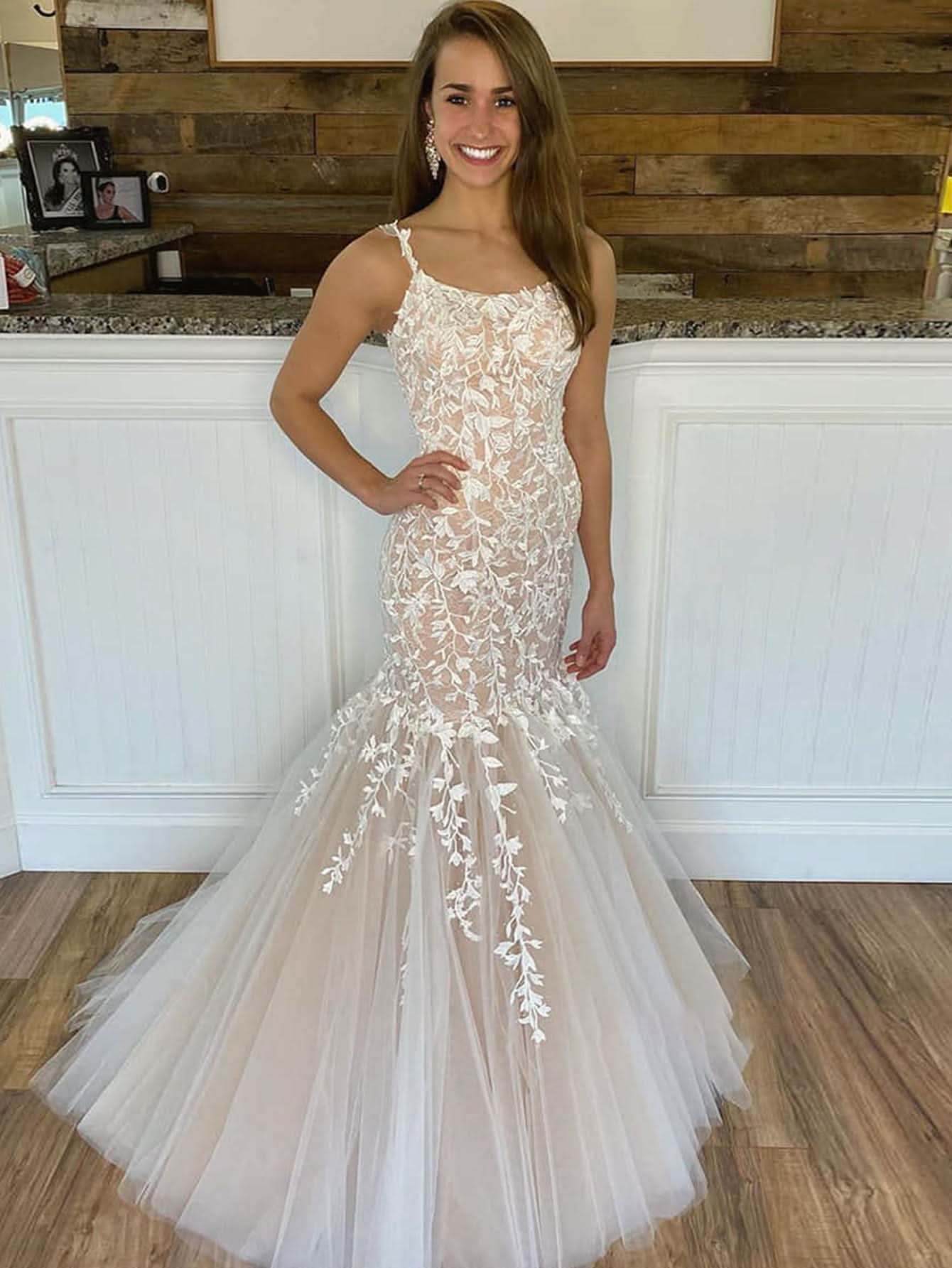 Charming Mermaid Apricot Straps Lace Long Prom Dress BM bride