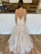 Charming Mermaid Apricot Straps Lace Long Prom Dress BM bride