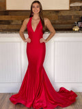 Stunning Halter Deep V Neck Red Long Bodycon Prom Dress BM bride