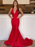 Stunning Halter Deep V Neck Red Long Bodycon Prom Dress BM bride