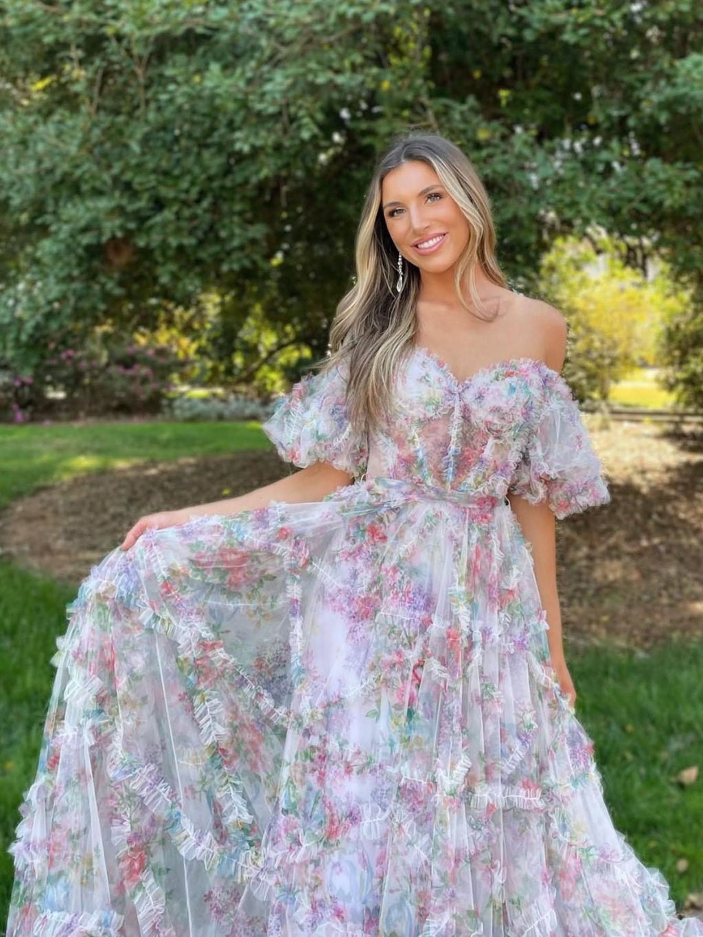 Sweet A-Line Sweetheart Printed Tulle Long Prom Dress BM bride