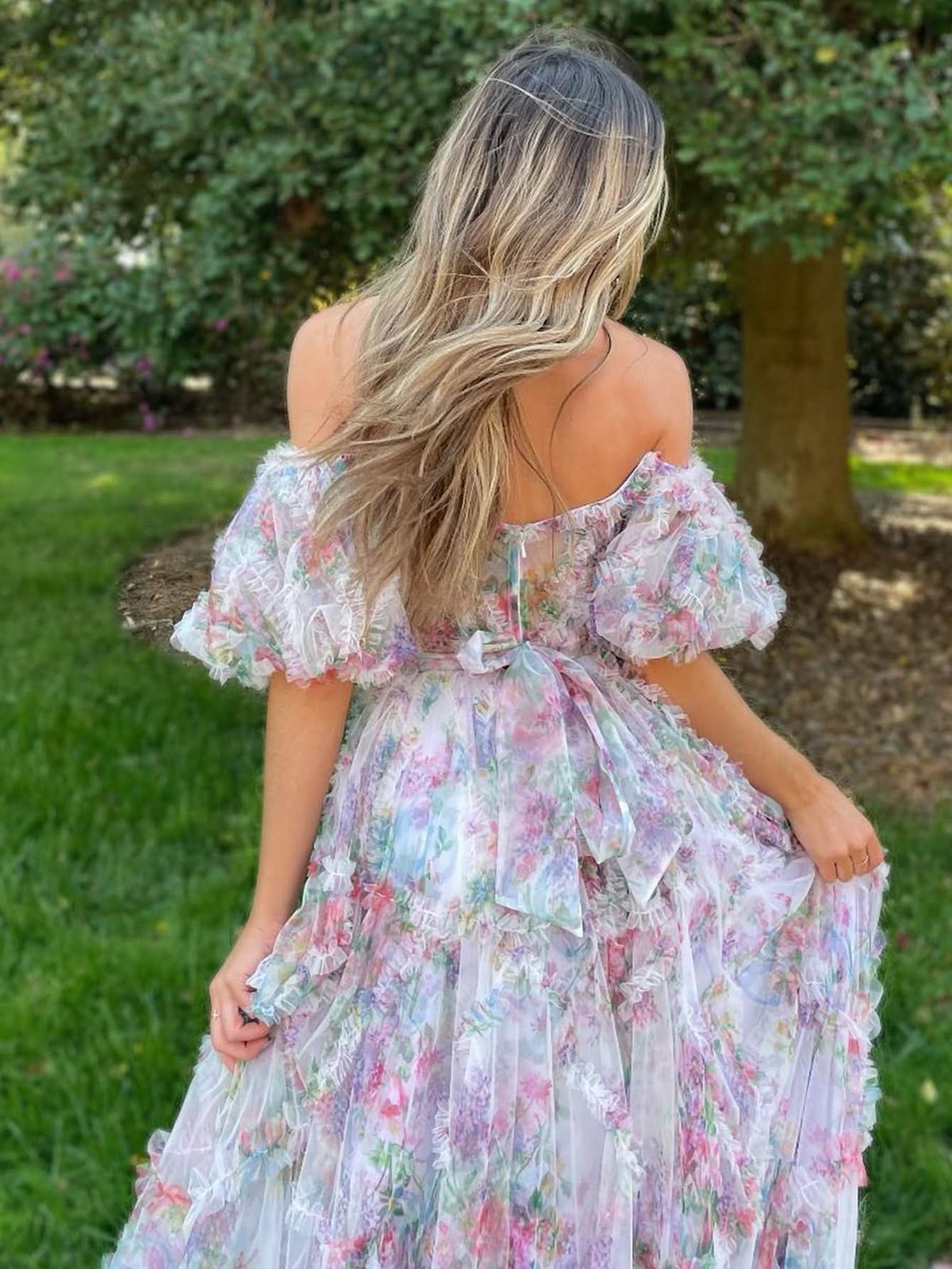 Sweet A-Line Sweetheart Printed Tulle Long Prom Dress BM bride