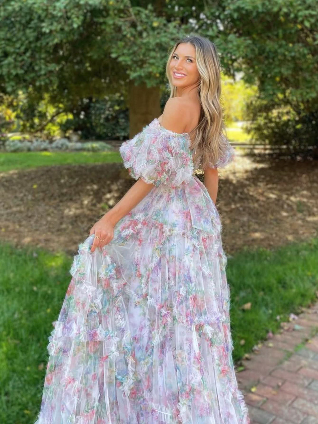 Sweet A-Line Sweetheart Printed Tulle Long Prom Dress BM bride