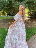 Sweet A-Line Sweetheart Printed Tulle Long Prom Dress BM bride