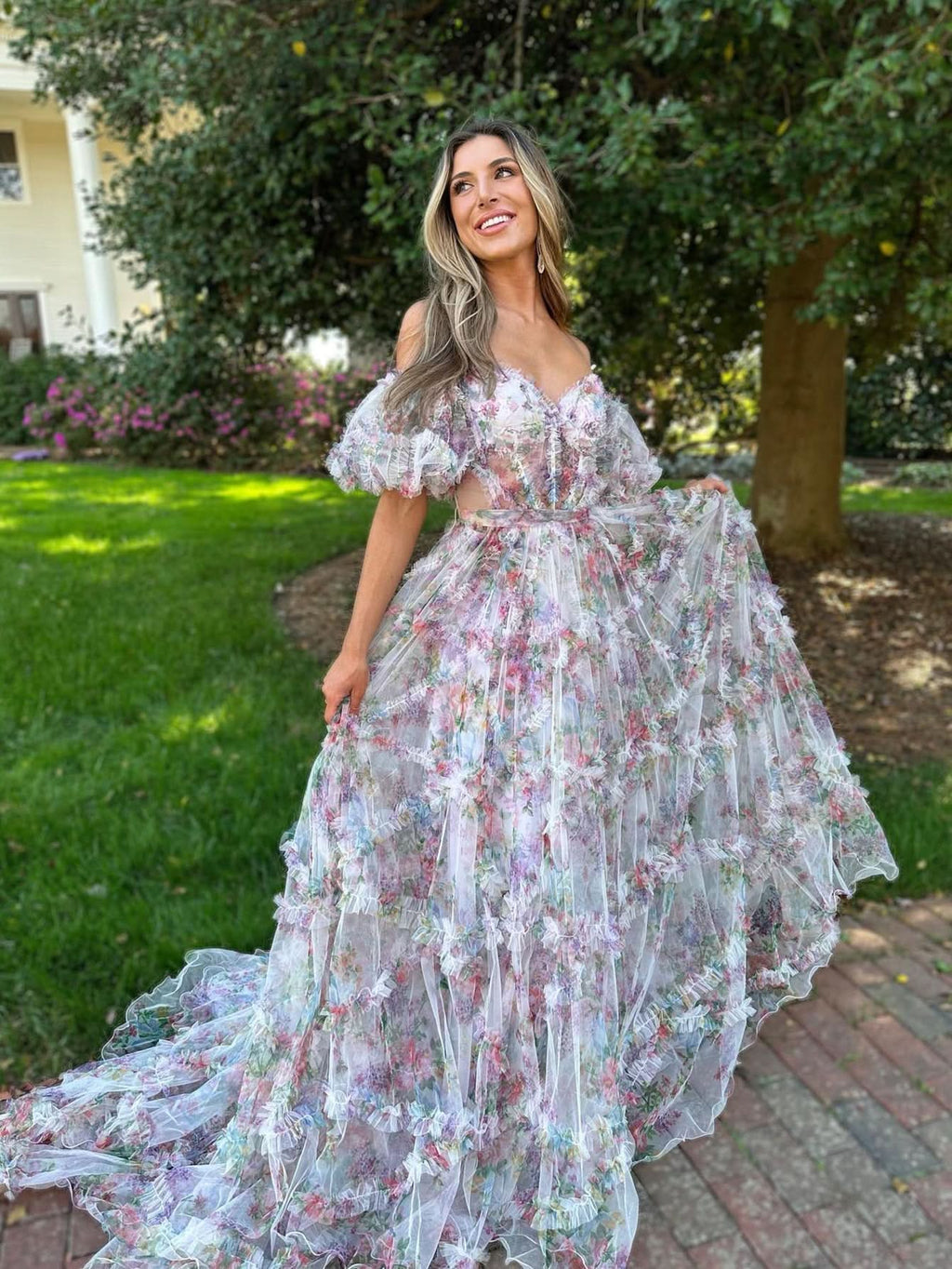 Sweet A-Line Sweetheart Printed Tulle Long Prom Dress BM bride
