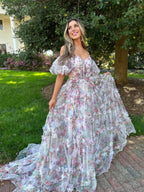 Sweet A-Line Sweetheart Printed Tulle Long Prom Dress BM bride