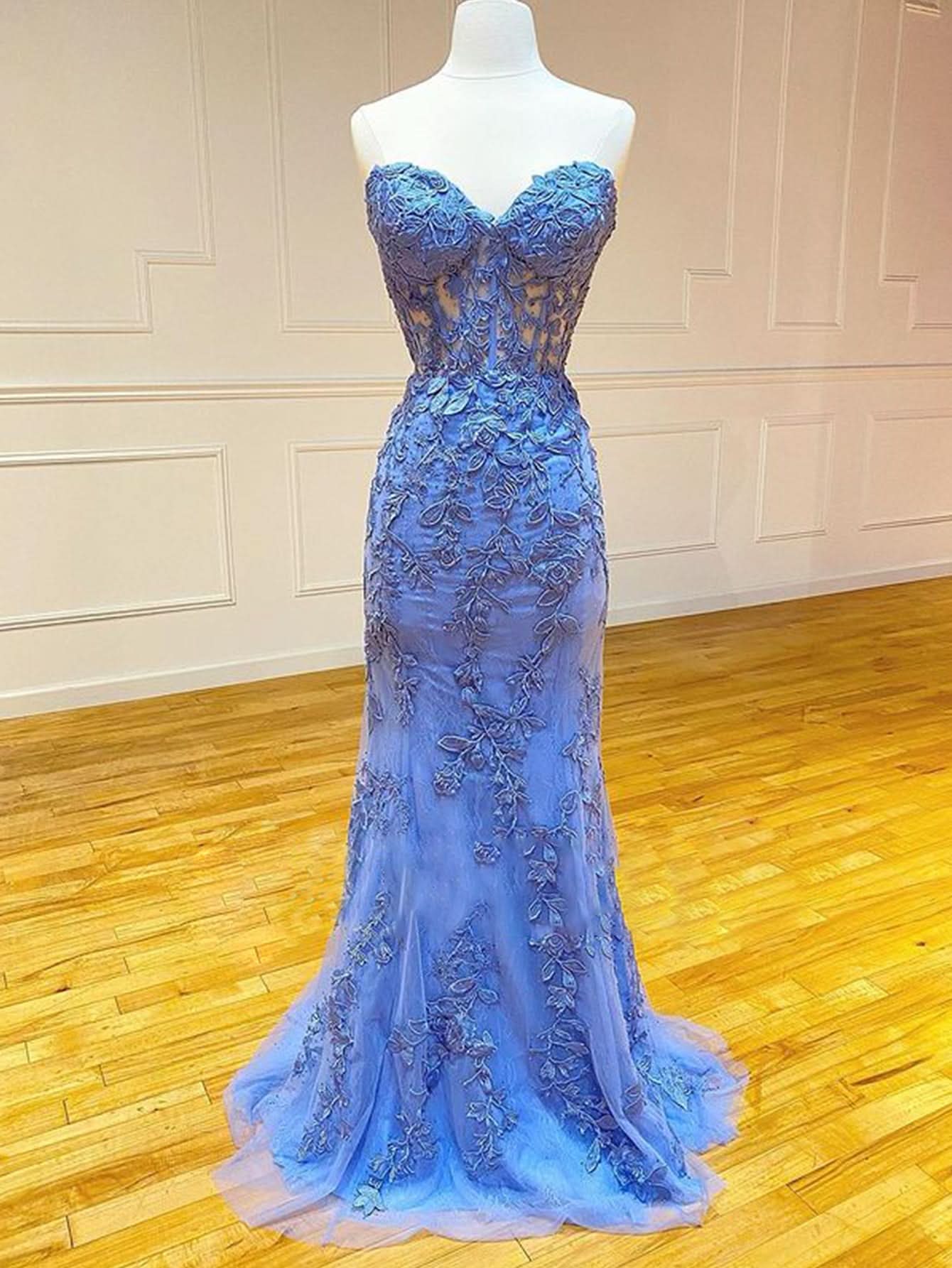 Glamorous Mermaid Strapless Lace Prom Dress with Appliques BM bride