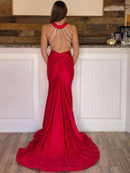 Stunning Halter Deep V Neck Red Long Bodycon Prom Dress BM bride