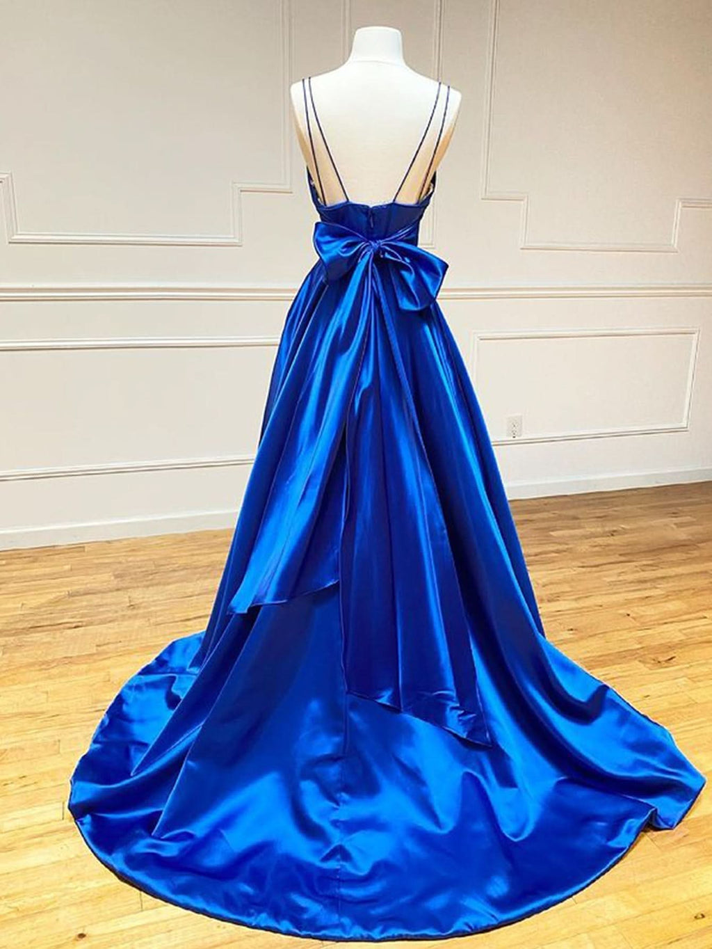 Charming Royal Blue Satin A-Line V Neck Long Prom Dress with Bow Tie BM bride