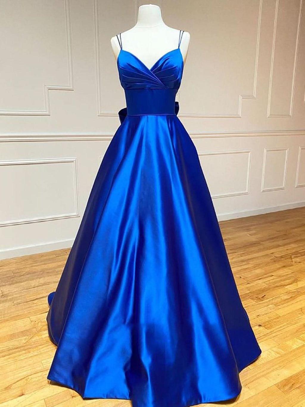 Charming Royal Blue Satin A-Line V Neck Long Prom Dress with Bow Tie BM bride